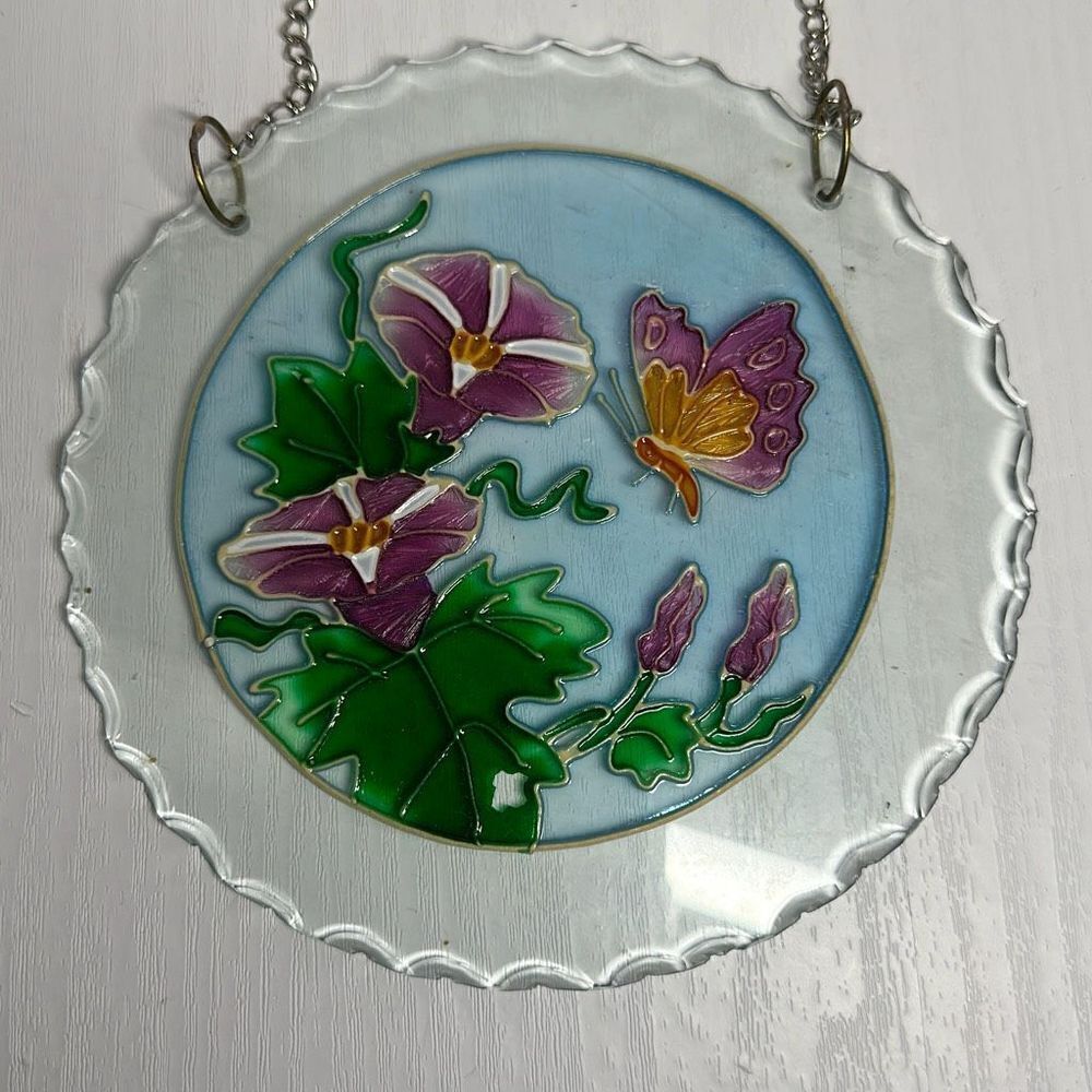 Vintage Stained Glass Butterfly Pansies Suncatcher Pink Green 6”